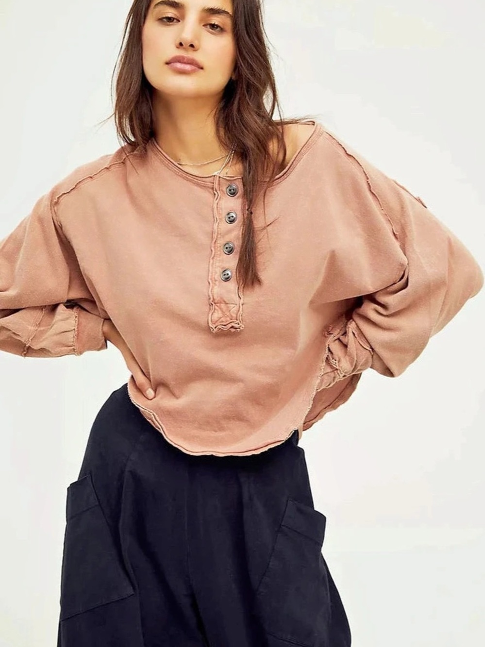 We The Free Women's Melody Henley Long Sleeve Top Size S Oversized Boho Casual